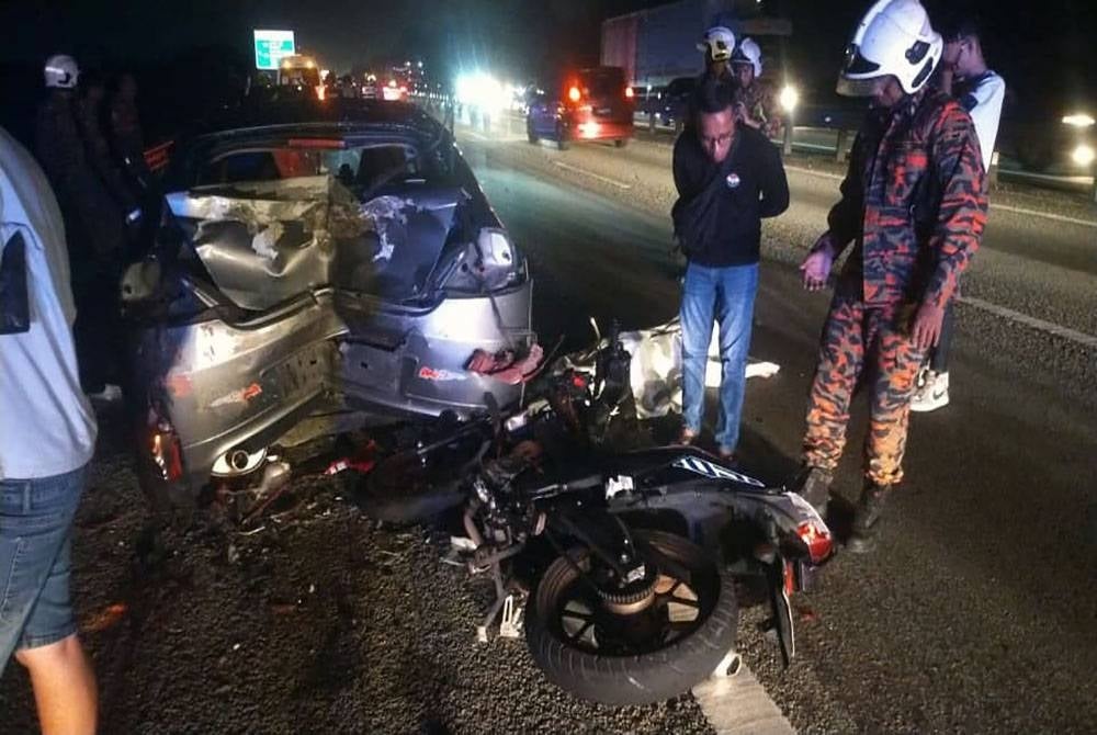 Keadaan kereta dan motosikal yang terbabit dalam kemalangan berkenaan.