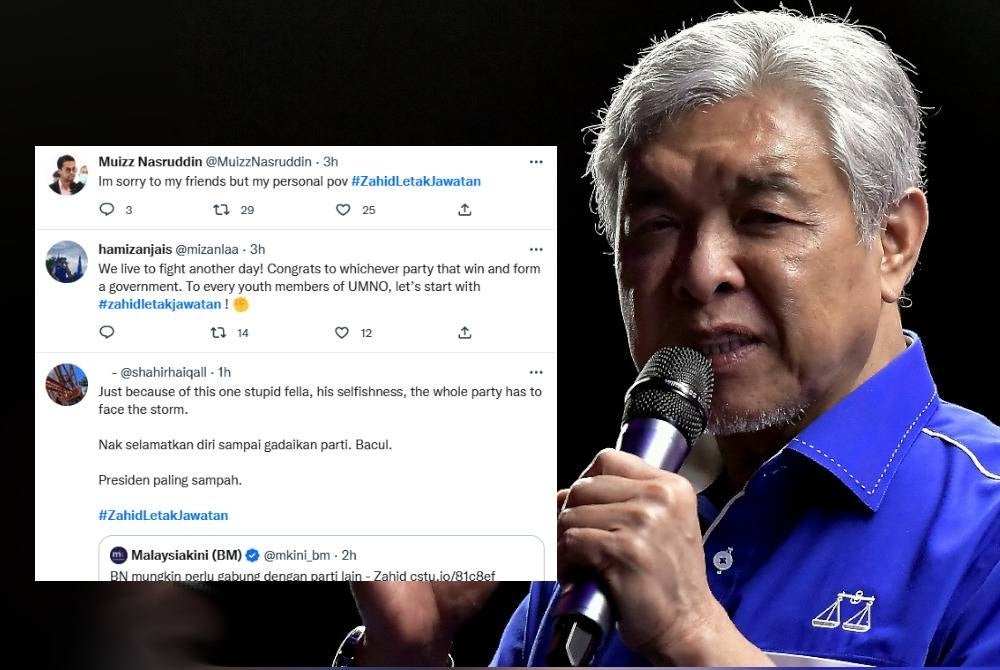 Tangkap layar antara pengguna Twitter yang mula menggunakan tanda pagar #ZahidLetakJawatan pada Sabtu.