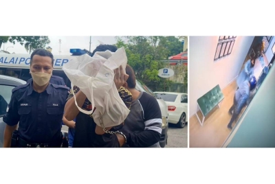 Muhammad Hafiz (dua dari kanan) dan Mohd Hazani (kanan) dibawa ke Mahkamah Sesyen Bandar Baru Bangi pada Selasa untuk didakwa atas pertuduhan merompak di sebuah klinik gigi di Bandar Seri Putra, dua minggu lalu.