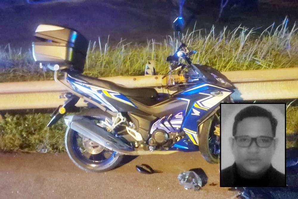 Motosikal Honda RS150R yang ditunggang mangsa terlibat dalam kemalangan yang meragut nyawanya di Kilometer 217.1, Lebuh Raya Utara-Selatan, (arah selatan) awal pagi Rabu. Gambar kecil: Kamarul Arif