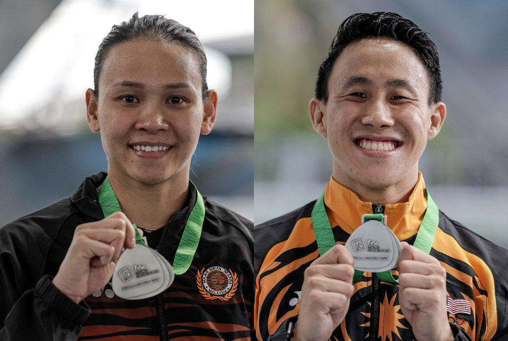 Pandelela dan Tze Liang menunjukkan pingat tempat pertama yang dimenangi pada FINA Diving Grand Prix Kuala Lumpur 2022 di Pusat Akuatik Nasional Bukit Jalil, pada Jumaat. - Foto Bernama