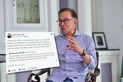 Anwar mengucapkan terima kasih kepada Perdana Menteri India, Narendra Modi menerusi ciapan di Twitter.