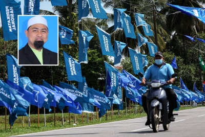 Bendera Perikatan Nasional (PN) menghiasi di bahu jalan sempena kempen PRU15. - Foto Bernama (Gambar kecil: Mohamed Shukri)