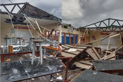 Kerosakan yang berlaku membabitkan blok SMK Pulau Gaya akibat ribut yang melanda di Pulau Gaya.