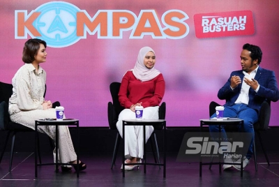 Dari kiri: Fatin Hamimah, Syaza Farhana dan Marwan Bukhari dalam Kompas Rasuah Busters 'Awas perangkap hasutan' yang disiarkan di semua platform Sinar Harian pada Rabu. FOTO: SINAR HARIAN/ ROSLI TALIB