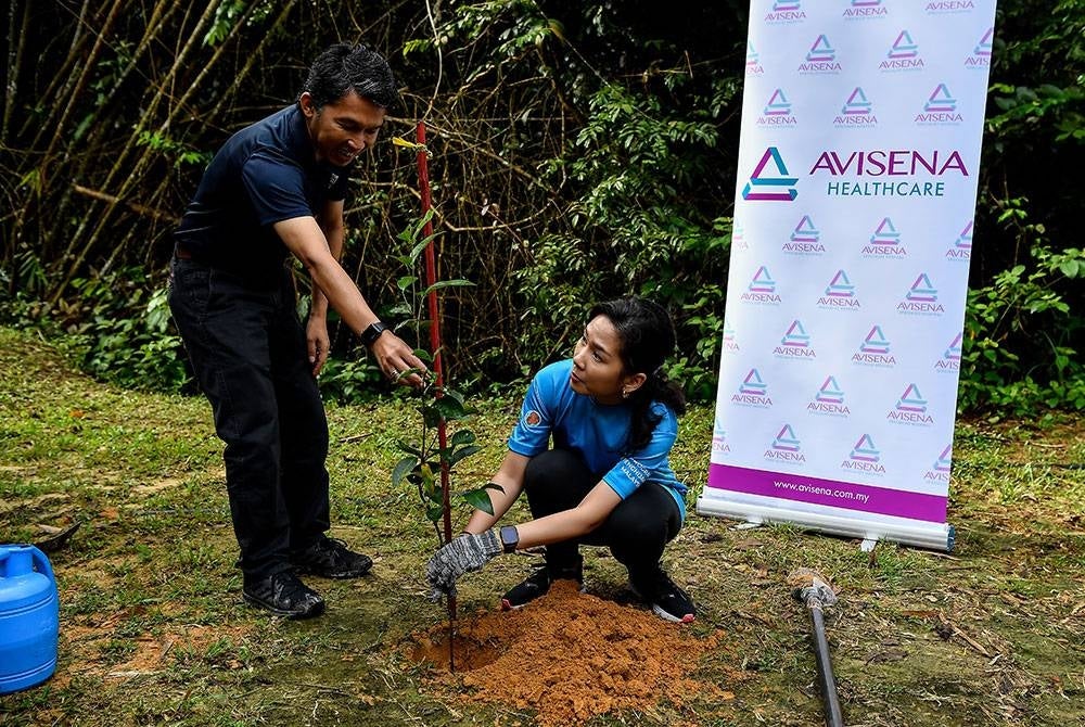 Ketua Pegawai Eksekutif Kumpulan Avisena, Elina Nadia Omar melakukan kerja-kerja penanaman pokok sempena Program Penghijauan Malaysia anjuran Avisena Healthcare, semalam.