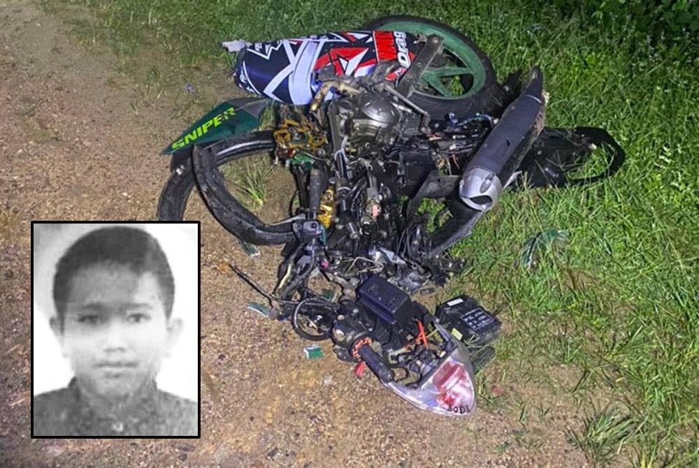Keadaan motosikal yang remuk selepas terbabit dalam kemalangan pada Isnin (Foto media sosial). Gambar kecil: Adam Haris Murshidi