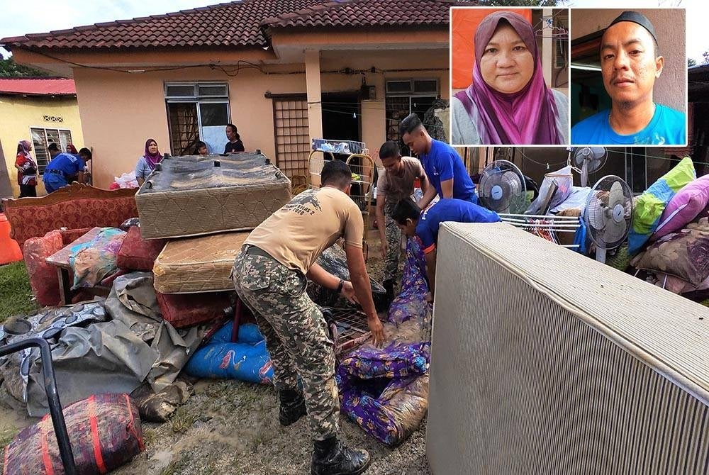 Tentera dan anggota Angkatan Pertahanan Awam bergotong-royong membantu membersihkan rumah penduduk. (Gambar dalam : Ramlah Wati dan Mohd Fahmi)