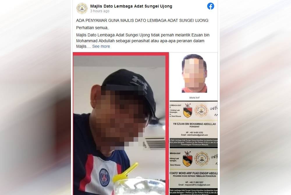 Tangkap layar makluman Majlis Dato Lembaga Adat Sungei Ujong mengenai penyamaran dua lelaki.