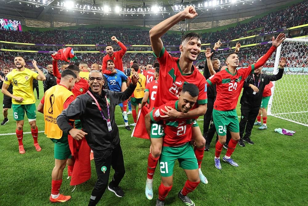 Maghribi jadi pasukan Afrika atau Arab pertama mara ke separuh akhir Piala Dunia. Foto:EPA
