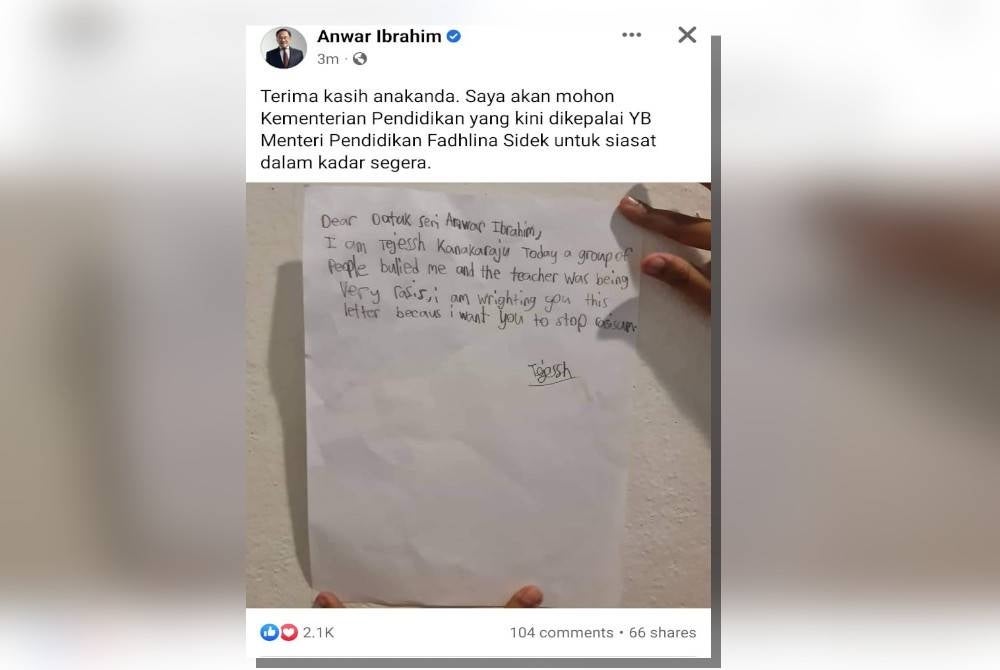 Tangkap layar hantaran di Facebook Anwar, namun hantaran itu sudah dipadam.