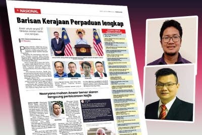Keratan akhbar Sinar Harian pada Sabtu. (Gambar kecil dari atas kanan: Zaharul dan Kuok Tiung)