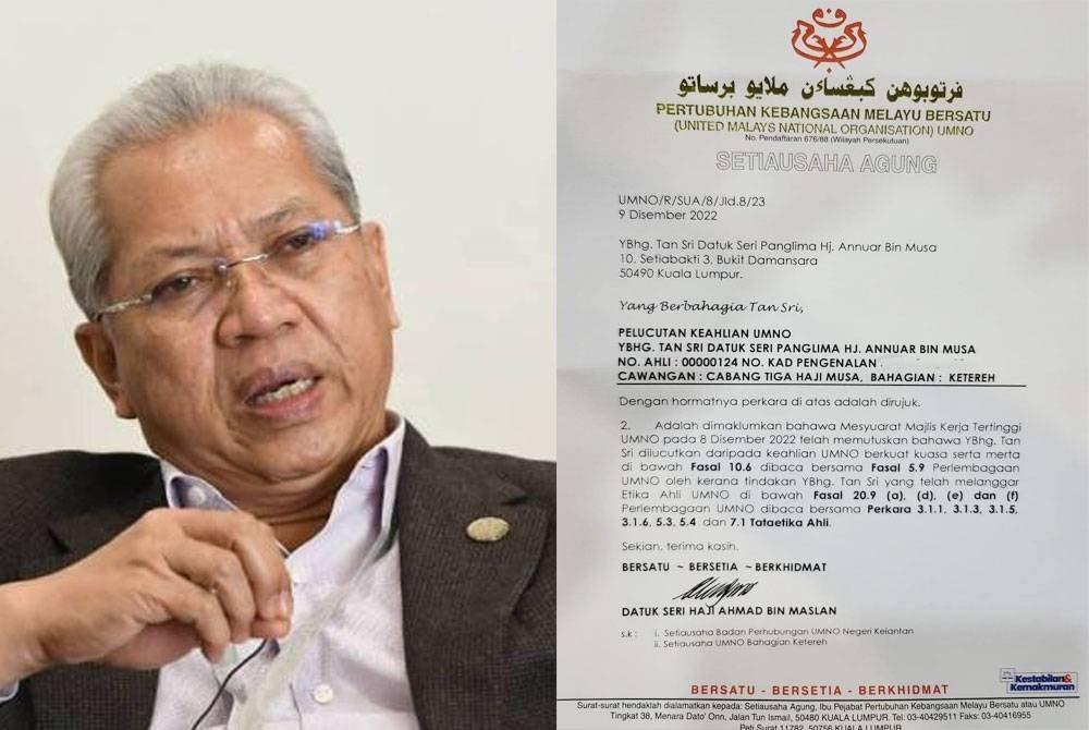 Surat pelucutan keahlian UMNO yang diterima Annuar pada Isnin.