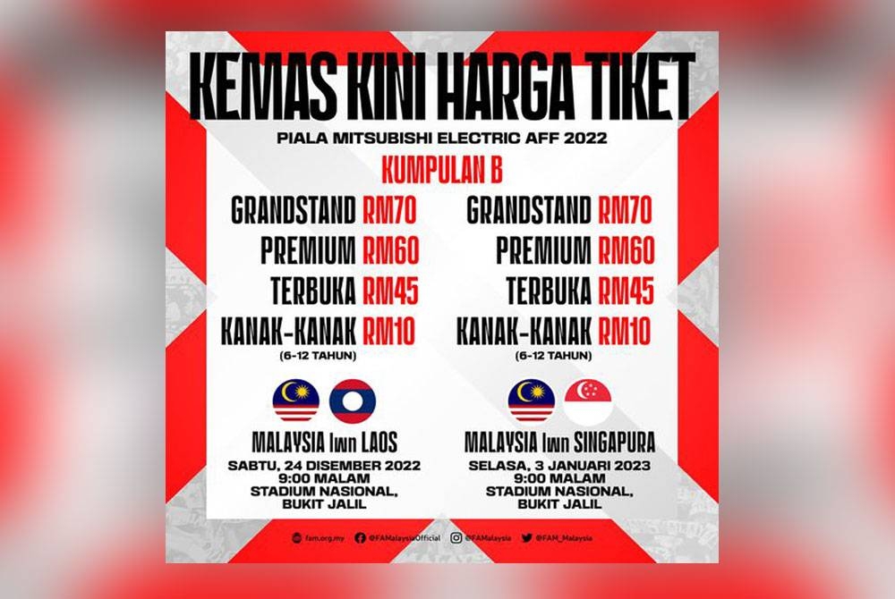 Paparan terbaharu mengenai harga tiket perlawanan Piala AFF 2022 membabitkan aksi Malaysia di Stadium Nasional Bukit Jalil.