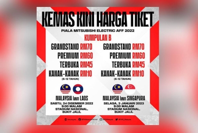 Paparan terbaharu mengenai harga tiket perlawanan Piala AFF 2022 membabitkan aksi Malaysia di Stadium Nasional Bukit Jalil.