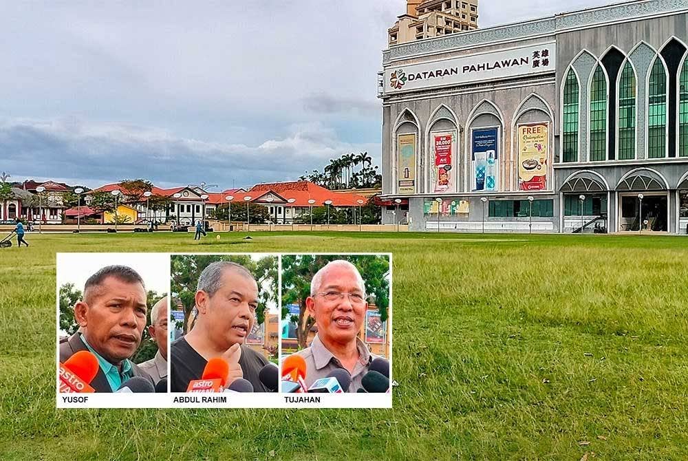 Cadangan lokasi pemindahan peniaga Bazar Dataran Pahlawan di padang riadah Dataran Pahlawan. ((Gambar kecil dari kiri: Yusof, Abdul Rahim dan Tujahan)