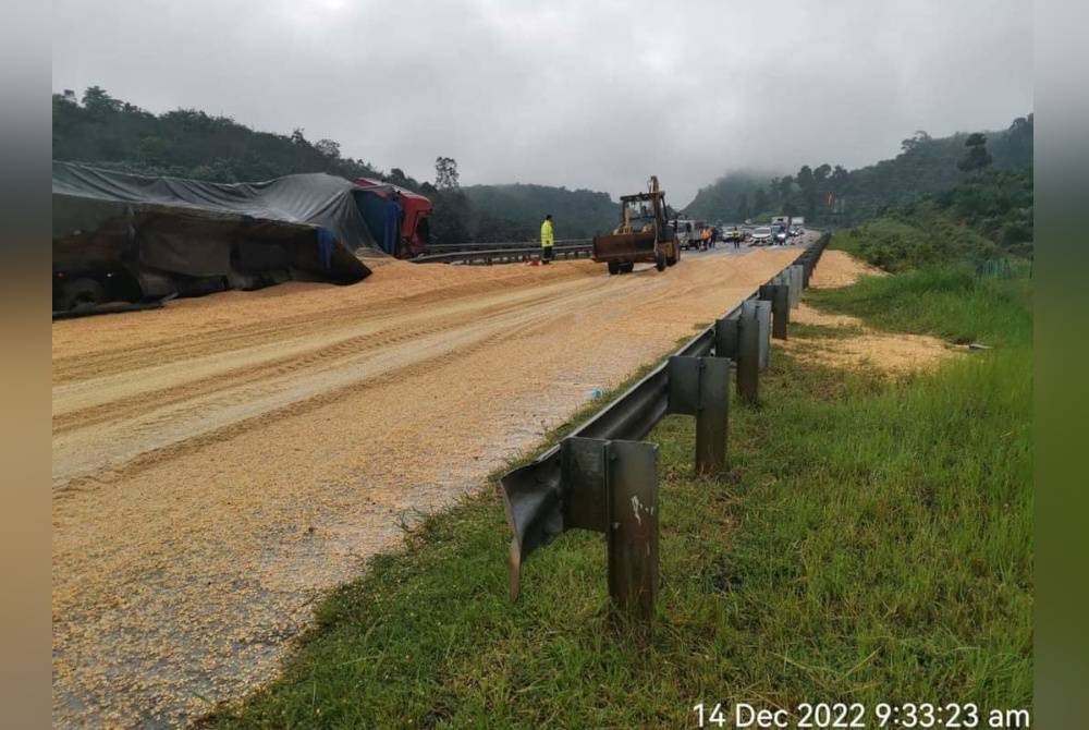 Laluan KM 180 LPT1 arah barat ditutupi tumpahan dedak jagung selepas treler membawa muatan itu terbabas dalam kejadian awal pagi Rabu. - Foto FB Lebuhraya Pantai Timur