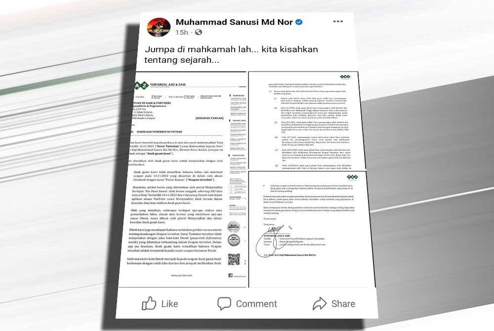 Status yang dimuat naik di laman Facebook Muhammad Sanusi pada Selasa malam