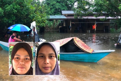 Penderitaan mangsa banjir akibat rumah ditenggelami air perlu pindah ke PPS. Gambar kecil dari kiri: Mastura, Nor Hidayah