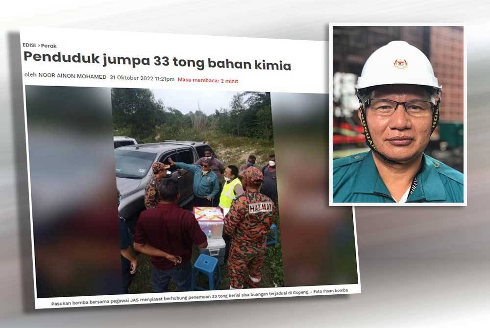 Laporan Sinar Harian mengenai penemuian 33 tong berisi sisa bahan kimia yang dibuang oleh individu tidak bertanggungjawab di kawasan lapang berhampiran Kawasan Perindustrian Gopeng di sini pada Oktober lalu. (Gambar kecil: Rosli)