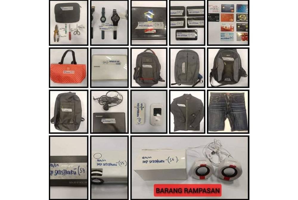 Antara beberapa barang yang dirampas selepas menahan sepasang kekasih yang terlibat dalam kes pecah sekolah, pejabat dan surau di sekitar Bandar Raya Johor Bahru.