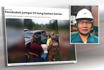 Laporan Sinar Harian mengenai penemuian 33 tong berisi sisa bahan kimia yang dibuang oleh individu tidak bertanggungjawab di kawasan lapang berhampiran Kawasan Perindustrian Gopeng di sini pada Oktober lalu. (Gambar kecil: Rosli)