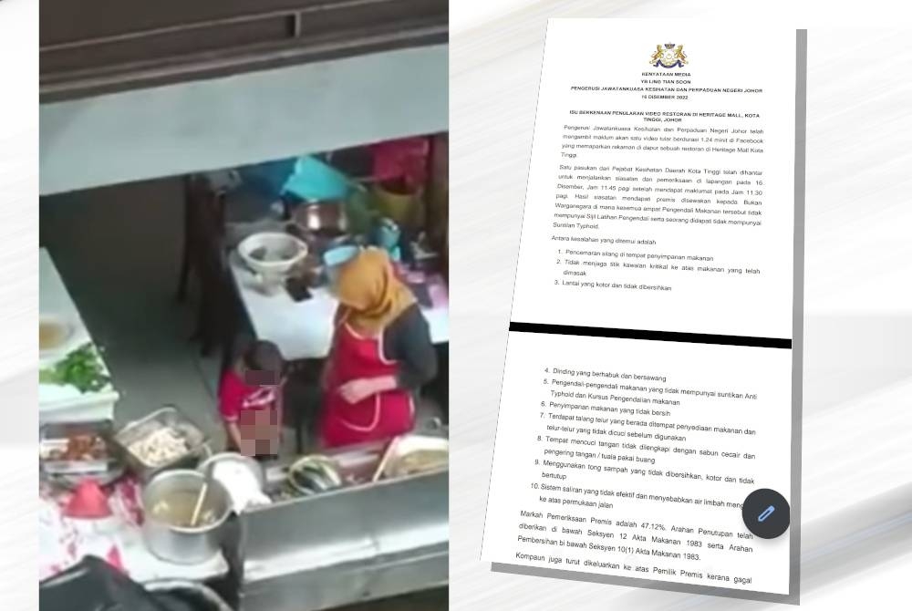 Tangkap layar video tular yang memaparkan seorang kanak-kanak lelaki kencing di dapur sebuah restoran. (Kanan: Tangkap layar kenyataan Exco Kesihatan dan Perpaduan negeri, Ling Tian Soon.)