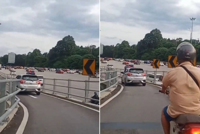 Tangkap layar video memaparkan sebuah kereta Perodua Myvi menggunakan lorong motosikal dari arah Jalan Taman Connaught ke sebuah restoran Batu 9, Cheras pada Selasa lalu.