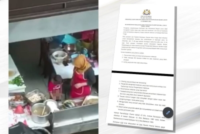 Tangkap layar video tular yang memaparkan seorang kanak-kanak lelaki kencing di dapur sebuah restoran. (Kanan: Tangkap layar kenyataan Exco Kesihatan dan Perpaduan negeri, Ling Tian Soon.)