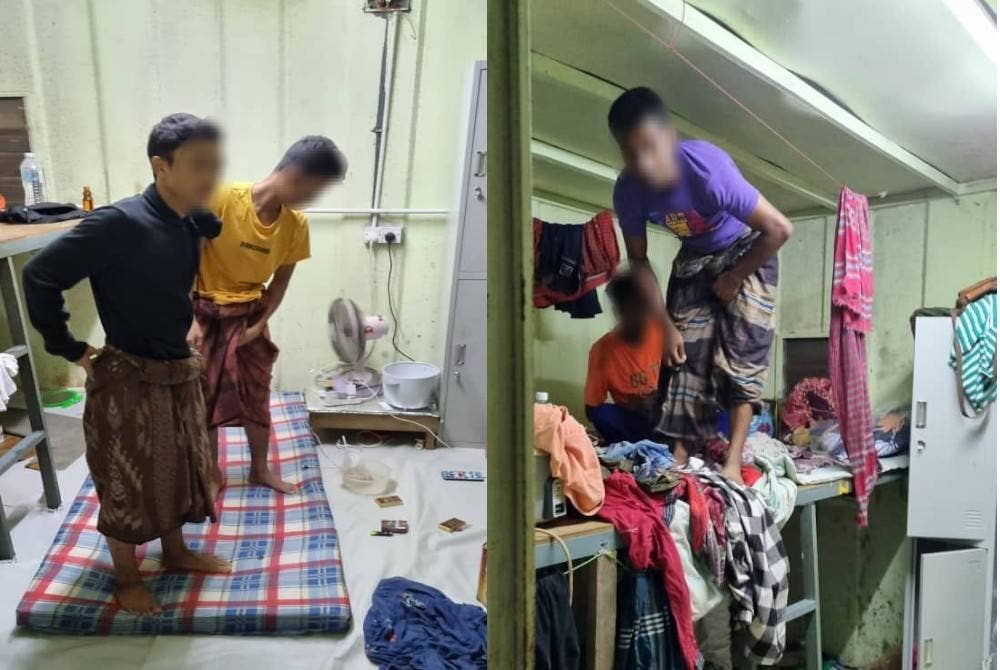 Antara PATI yang ditahan dalam serbuan di penempatan haram di kawasan pembinaan di Dengkil, Selangor pada Jumaat.