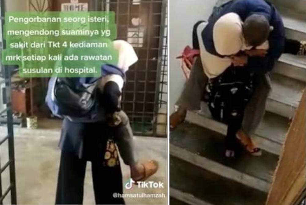 Nik Junainah mengendong suami menuruni tangga untuk jalani pemeriksaan di hospital.