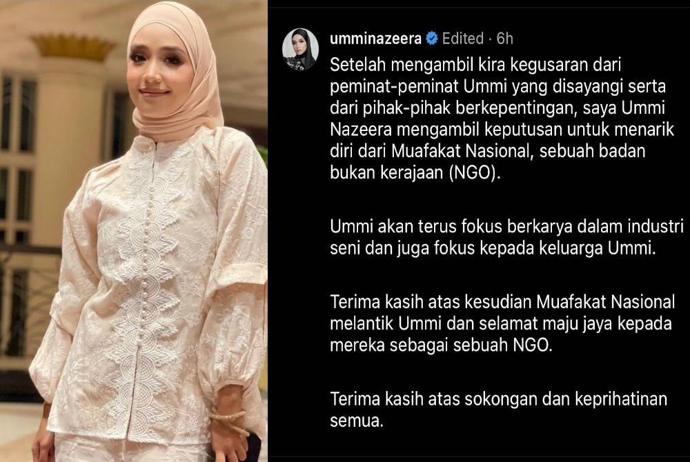 Ummi Nazeera memaklumkan mengenai penarikan dirinya daripada MN menerusi hantaran di Instagram pada Ahad. - Foto Instagram Ummi Nazeera