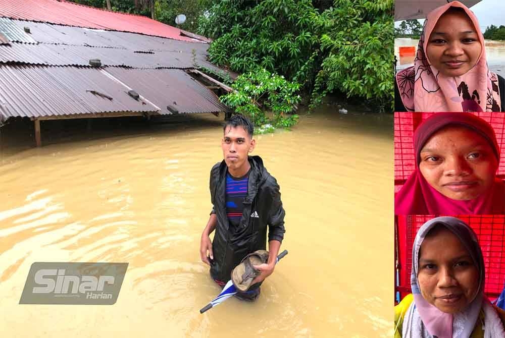 Seorang mangsa, Firdaus Fauzi berada di kawasan banjir yang menenggelamkan rumah hampir mencecah bumbung. Gambar kecil dari atas : Norma,Nor Shahira dan Rosilawani.