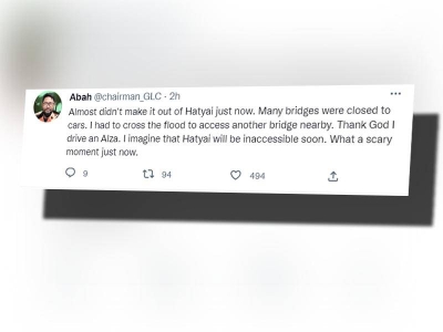 Tangkap layar ciapan dibuat oleh pengguna Twitter, @chairman_GLC pada petang Ahad.