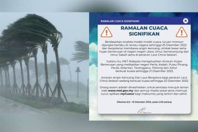 Tangkap layar kenyataan MetMalaysia pada Isnin.