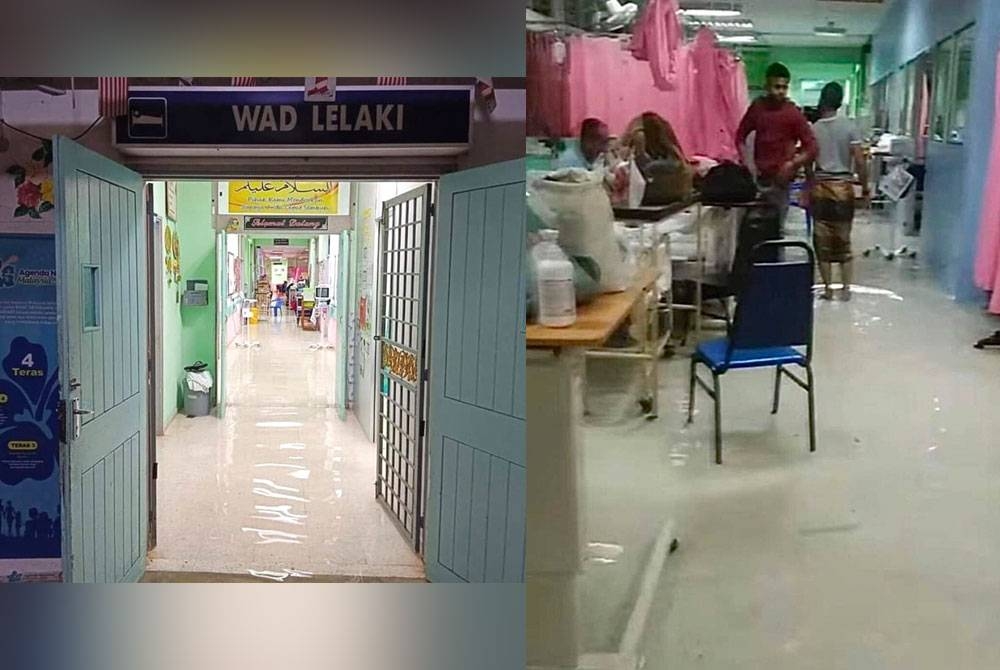 Keadaan wad hospital yang dilanda banjir. - Foto media sosial