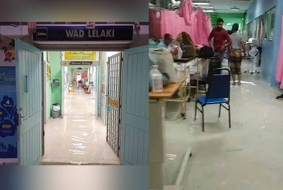 Keadaan wad hospital yang dilanda banjir. - Foto media sosial