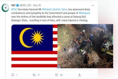 Tangkap layar ucapan takziah Hissein Brahim Taha melalui akaun Twitter OIC. Setakat Selasa seramai 25 mangsa disahkan terkorban dalam kejadian tanah runtuh di tapak perkhemahan Father’s Organic Farm itu. - Foto Bomba
