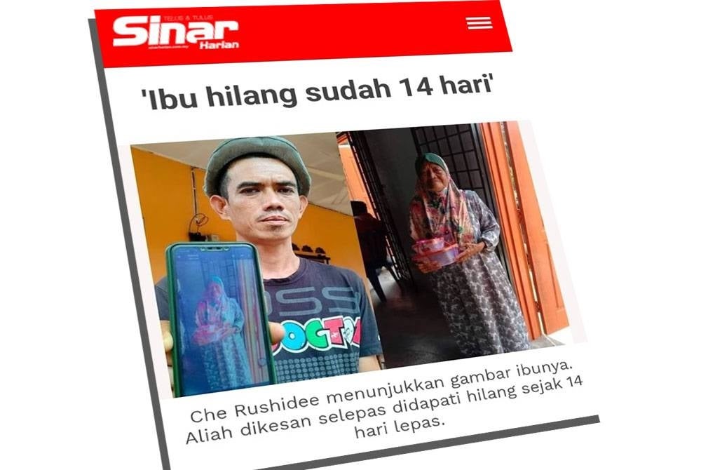 Laporan Sinar Harian pada Isnin mengenai kehilangan warga emas itu.