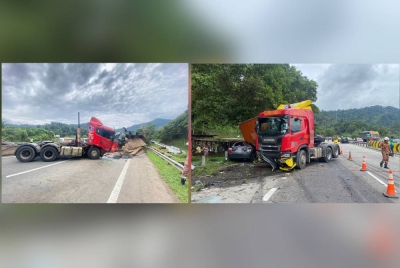 Keadaan salah sebuah lori yang terlibat dalam kemalangan melibatkan lima kenderaan di Kilometer 42.9 Lebuhraya Kuala Lumpur-Karak (KLK) dekat Bentong pada Jumaat.