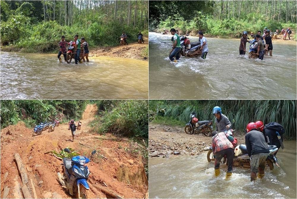 Orang asli dari Pos Balar mengangkut 13 motosikal menyeberangi Sungai Inching untuk keluar dari kawasan penempatan mereka menuju ke bandar Gua Musang.