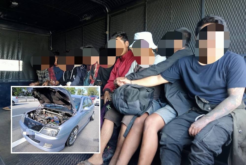 Kerosakan sebuah kereta Proton Waja membawa kepada penemuan 11 pendatang asing tanpa izin (PATI) yang 'disumbat' dalam kenderaan itu di Kilometer 63.1 Arah Selatan Lebuh Raya Utara Selatan (PLUS), di sini, pada Sabtu.