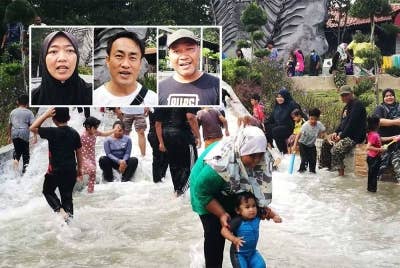 Pengunjung teruja dwngan air pasang besar berkenaan. (Gambar kecil dari kiri: Siti Mazura, Joo Wee, dan Nizam)