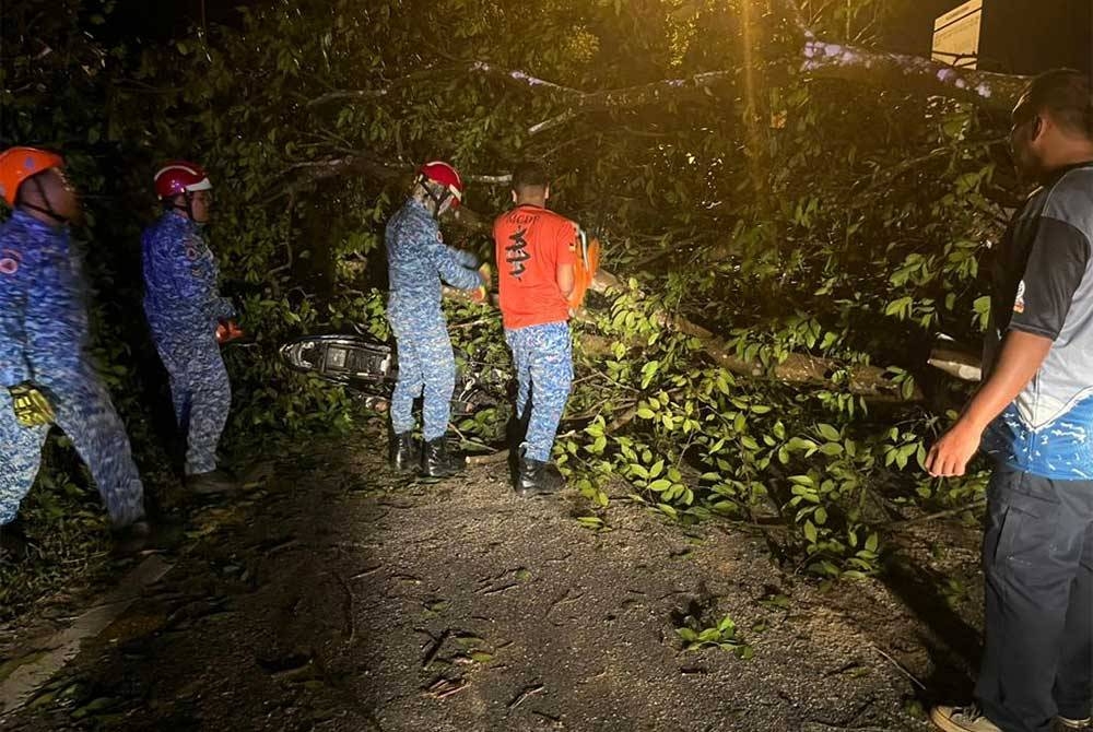 Anggota APM memotong dan mengalihkan pokok tumbang. Foto ihsan JBPM Negeri Sembilan