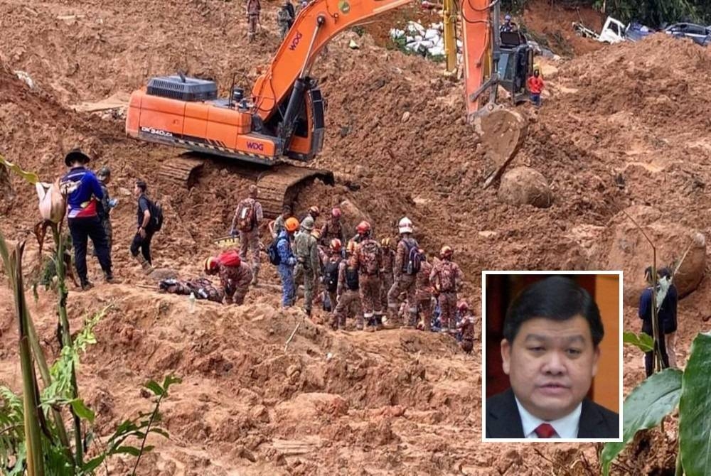 Lokasi tanah runtuh di tapak perkhemahan Father's Organic Farm Batang Kali. Gambar kecil: Loy Sian