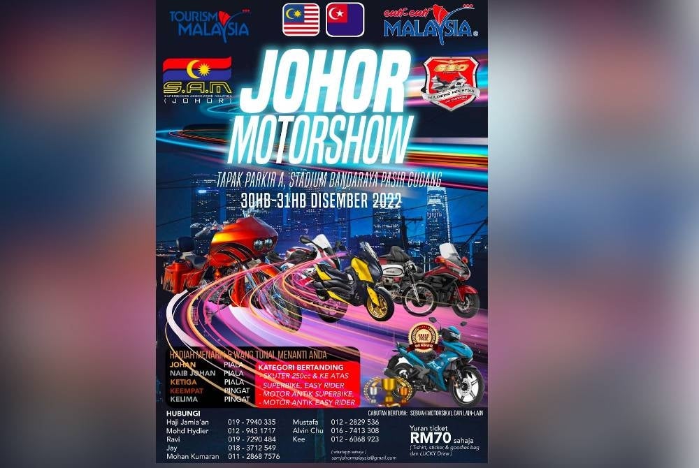 Johor Motorshow 2022 (JM 2022) akan dianjurkan di Tapak Pakir A, Stadium Bandaraya Pasir Gudang (MBPG) di sini pada Jumaat dan Sabtu ini.
