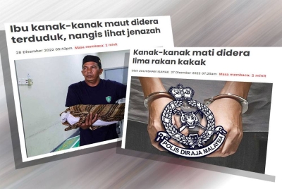 Keratan berita mengenai kanak-kanak lelaki berusia empat tahun yang maut didera.