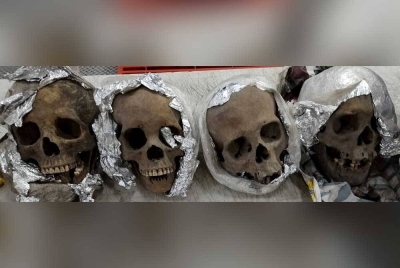 Empat tengkorak manusia yang dibalut dengan plastik dan aluminium. - Foto Reuters