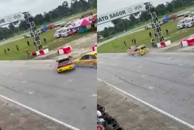 Tangkap layar memaparkan dua kereta bergesel lalu terbabas dalam acara permotoran di Kampung Gajah, Pasir Salak pada Sabtu. - Foto Ihsan pembaca
