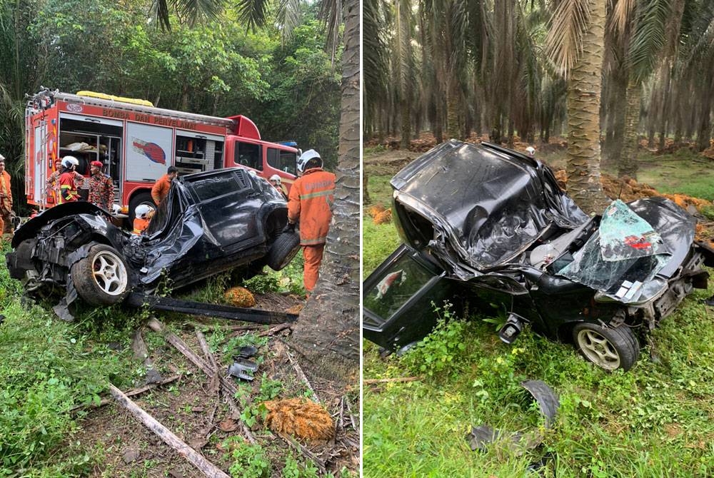 Keadaan Perodua Myvi dipandu mangsa yang terbabas dalam kemalangan di Kilometer 157 Jalan Kuantan-Seremban dekat Muadzam Shah di sini pada Ahad.